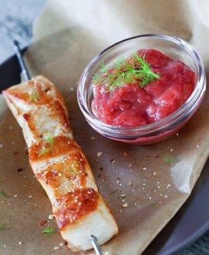 Rosemary Chicken Skewers with Rhubarb Sauce